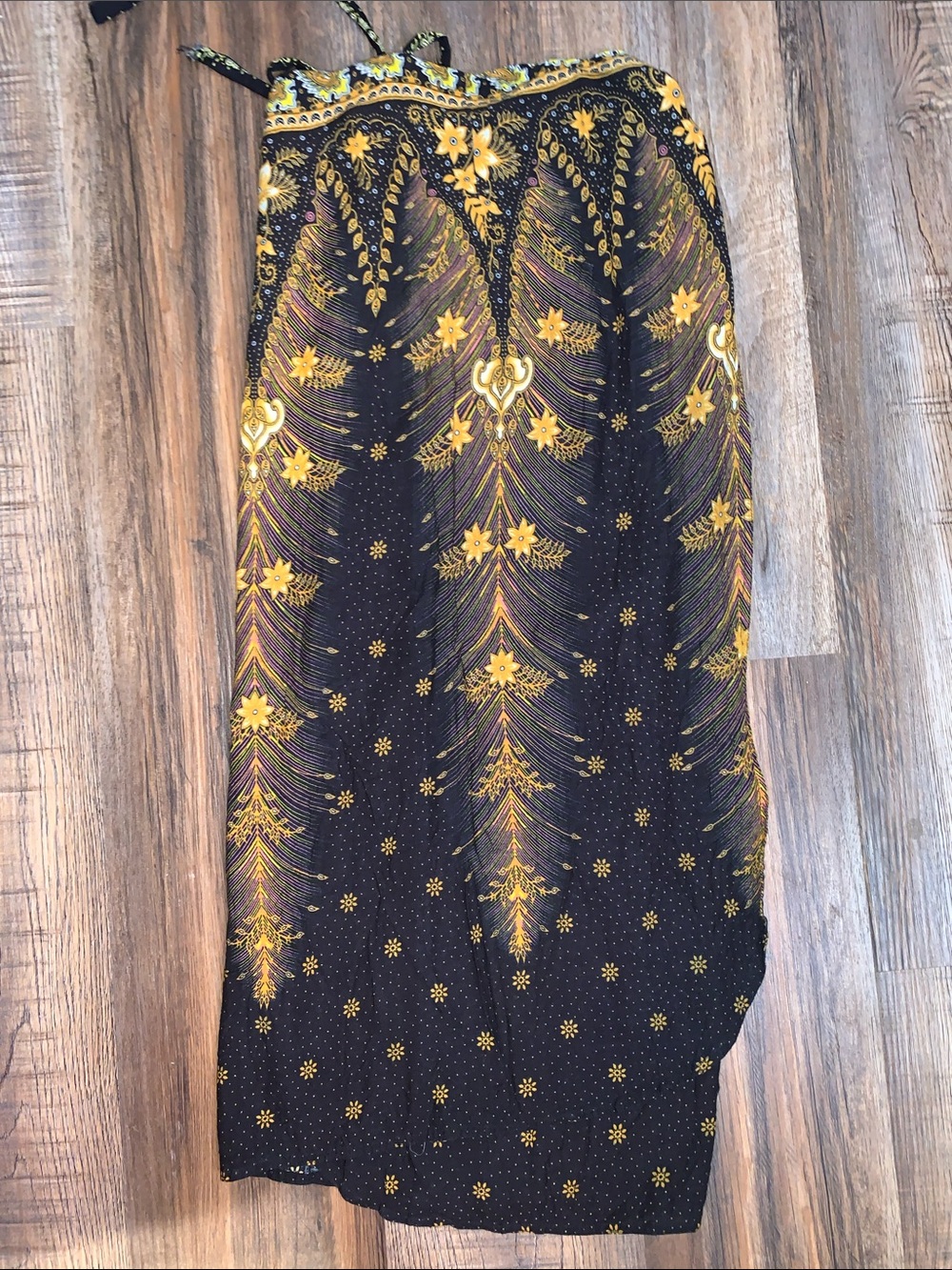 EARTHBOUND Black Maxi Skirt with Gold Floral-Feather Print